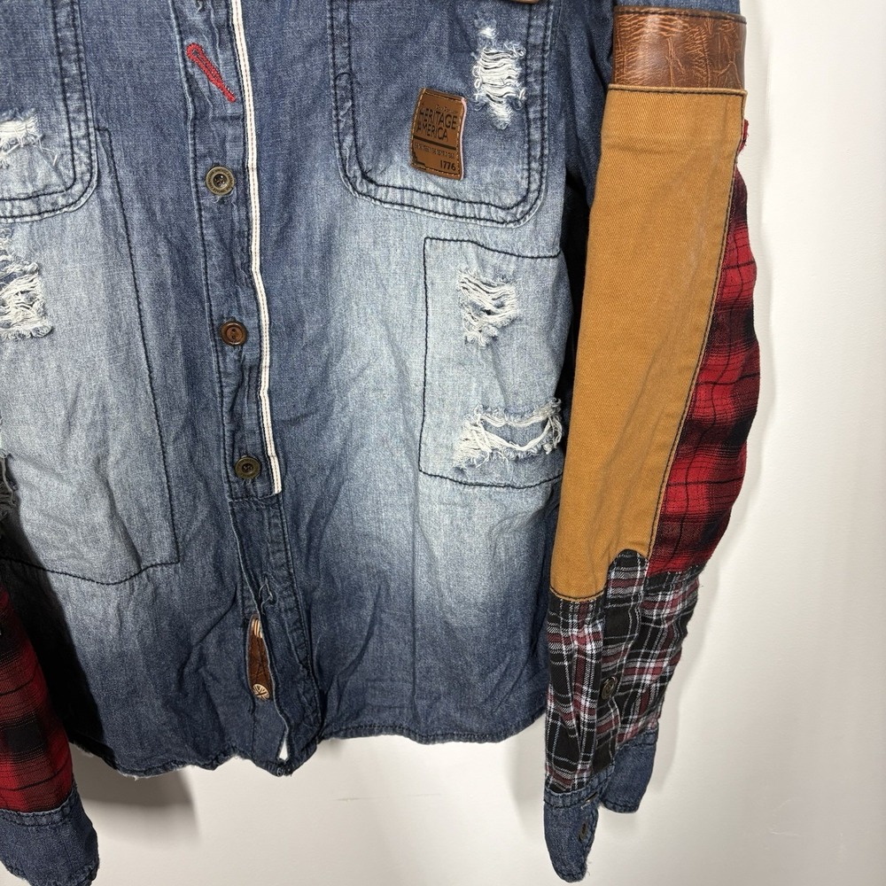 Heritage America Men 2XL Denim Jacket Grunge Flannel Patch Distressed Streetwear - Picture 4 of 15